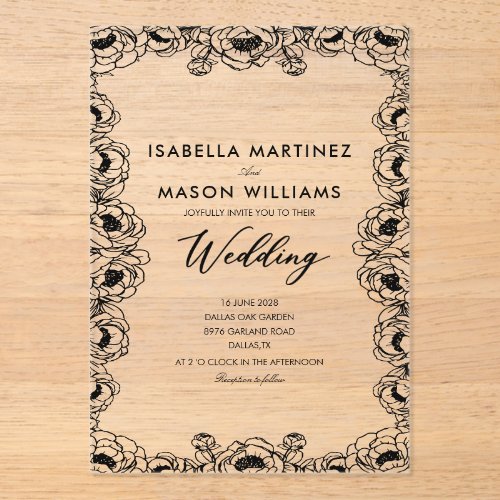 black & white FRENCH FLORAL GARDEN WEDDING INVITE Acrylic Invitations