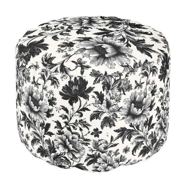 Black & White French Toile Pouf (Angled Front)