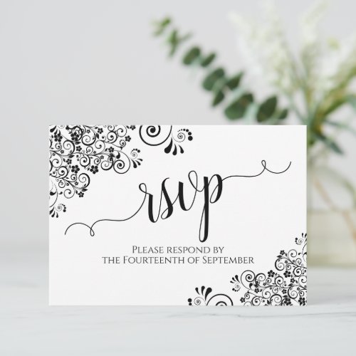 Black  White Frilly Elegant Calligraphy Wedding RSVP Card