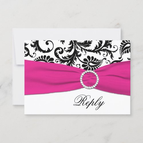 Black, White, Fuchsia Damask Reply Card