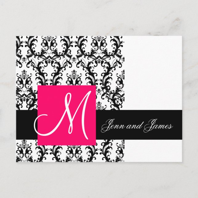 Black White Fuchsia Damask Wedding Announcement Postcard (Front)