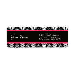 BLACK WHITE FUCHSIA  PINK ORIENTAL FLOWERS DAMASK LABEL