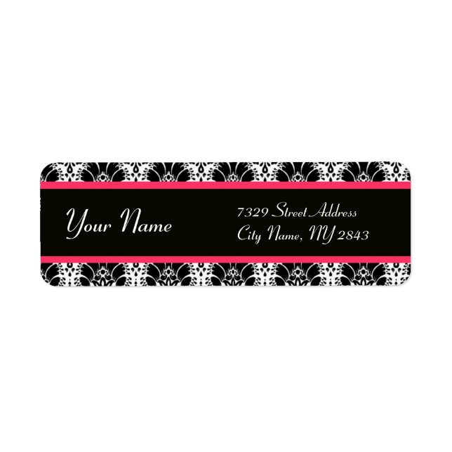 BLACK WHITE FUCHSIA  PINK ORIENTAL FLOWERS DAMASK LABEL (Front)