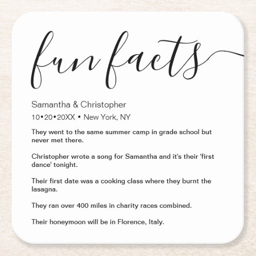 Black White Fun Facts listed Personalized Square Paper Coaster