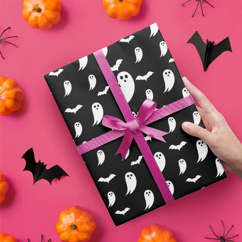Black  White Fun Halloween Ghost  Bats Pattern Wrapping Paper