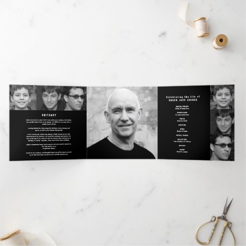 Black white Funeral service mono custom photos Tri_Fold Program