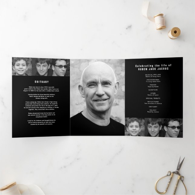 Black white Funeral service mono custom photos  Tri-Fold Program (Inside)