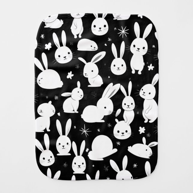 Black & White Funny Bunny Pattern Baby Burp Cloth (Front)