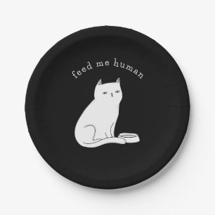 Black white funny cat "feed me human" paper plates