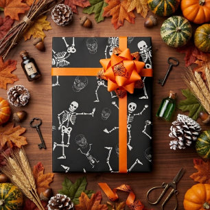 Black White Funny Dancing Skeleton Halloween Wrapping Paper