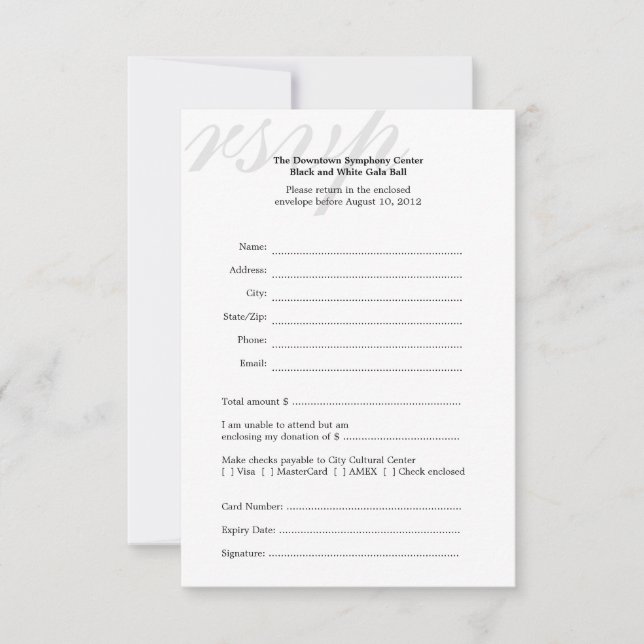 Black & white gala ball corporate RSVP response (Front)