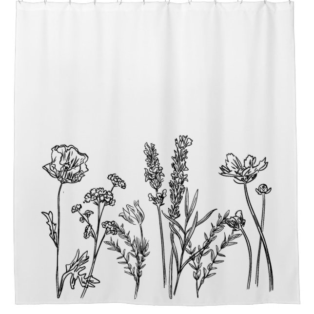 Black White Garden Flower Floral Botanical Art Shower Curtain (Front)