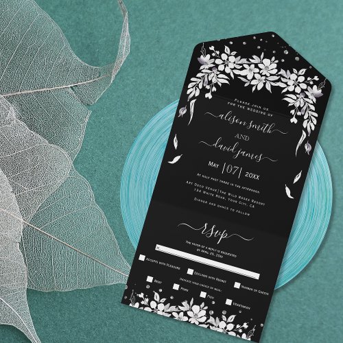 Black white garland silver confetti wedding all in one invitation
