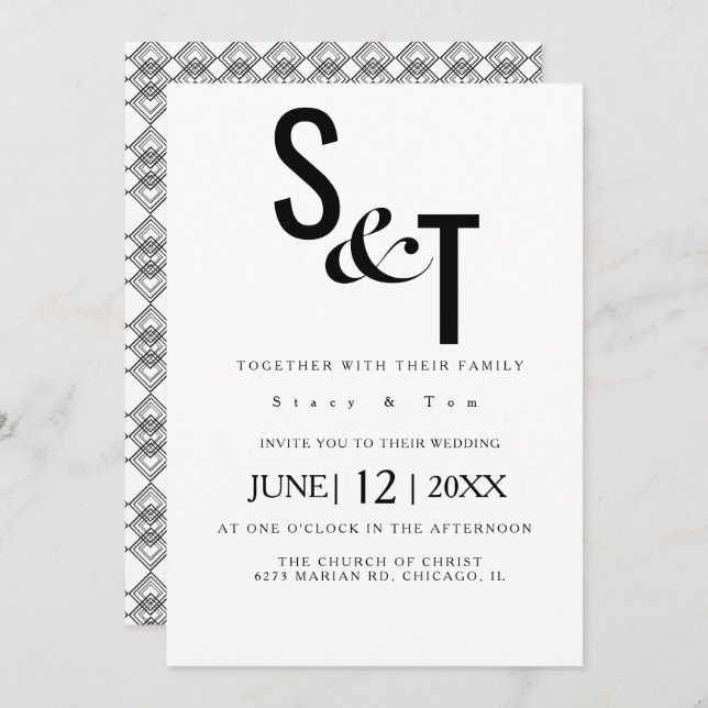 Black White Geo Back Typography Wedding Invitation (Front/Back)