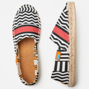 Black White Geo + Red Band Canvas Slip On Espadrilles