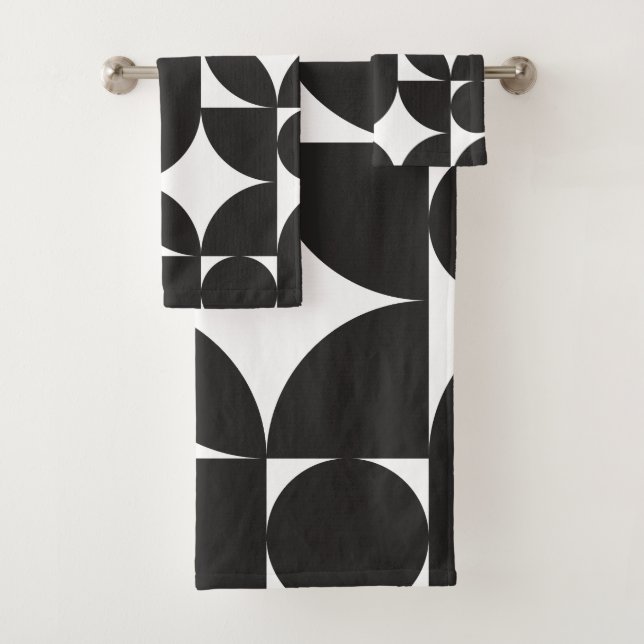 Black White Geometric Abstract Mid Century Modern Bath Towel Set (Insitu)