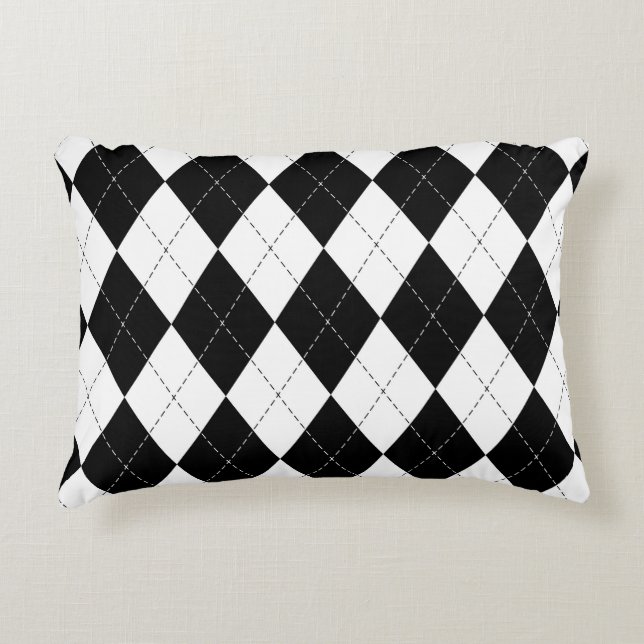 Black White Geometric Argyle Pattern Accent Pillow (Front)