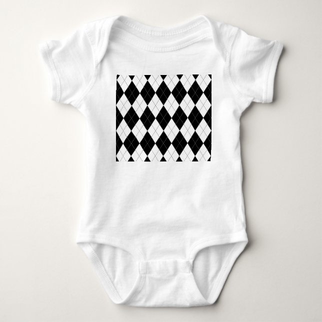 Black White Geometric Argyle Pattern Baby Bodysuit (Front)