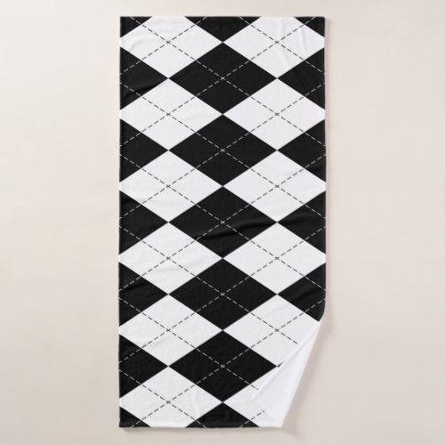 Black White Geometric Argyle Pattern Bath Towel