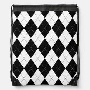 Black White Geometric Argyle Pattern Drawstring Bag