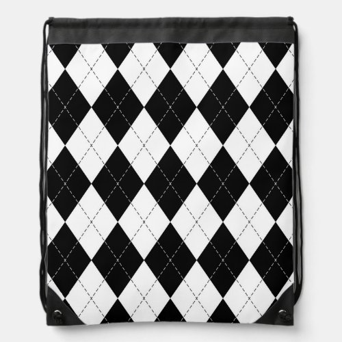Black White Geometric Argyle Pattern Drawstring Bag