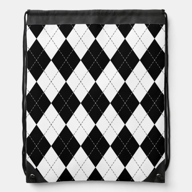 Black White Geometric Argyle Pattern Drawstring Bag (Front)