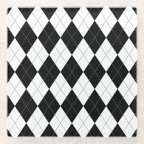 Black White Geometric Argyle Pattern Glass Coaster