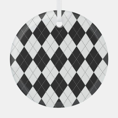 Black White Geometric Argyle Pattern Glass Ornament