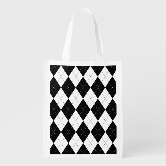 Black White Geometric Argyle Pattern Grocery Bag (Front)