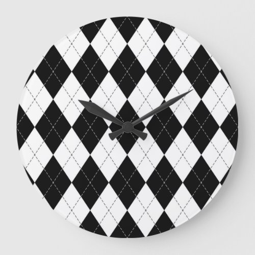 Black White Geometric Argyle Pattern Large Clock