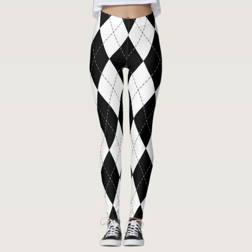 Black White Geometric Argyle Pattern Leggings