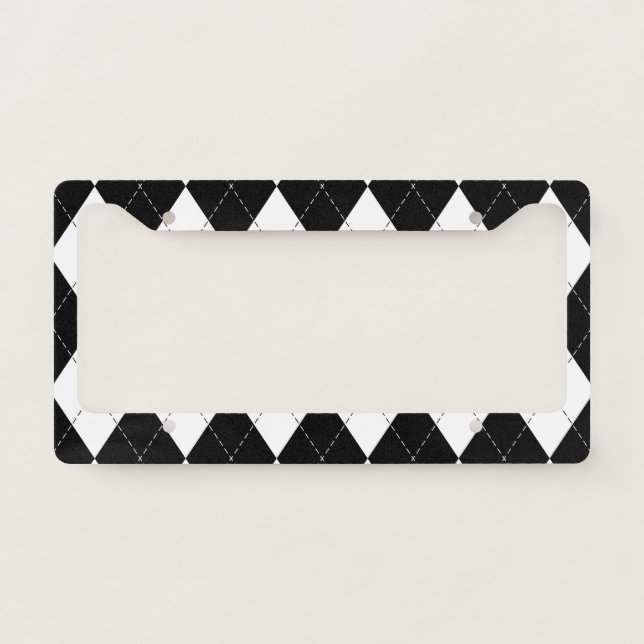 Black White Geometric Argyle Pattern License Plate Frame (Front)