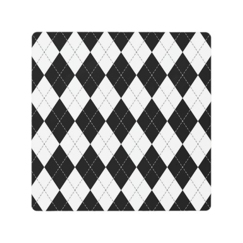 Black White Geometric Argyle Pattern Metal Print