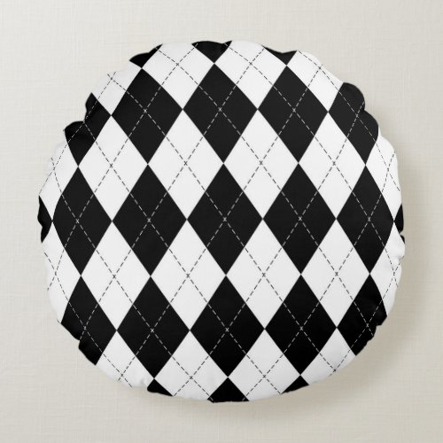 Black White Geometric Argyle Pattern Round Pillow