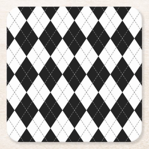 Black White Geometric Argyle Pattern Square Paper Coaster