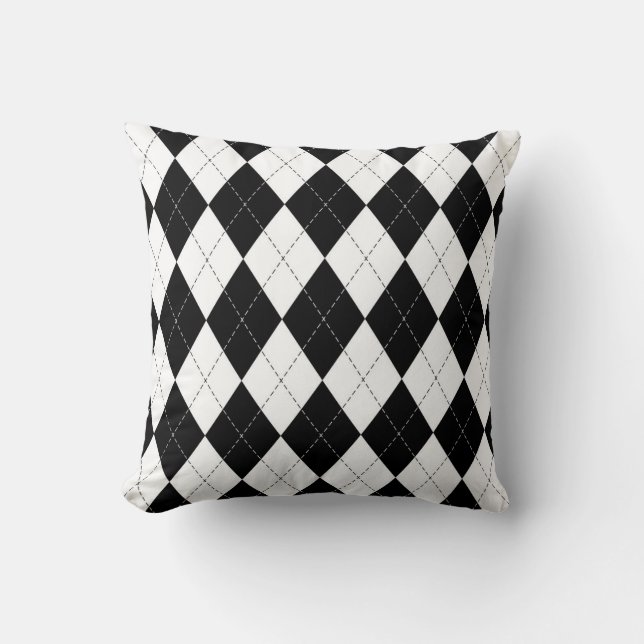 Black White Geometric Argyle Pattern Throw Pillow (Front)