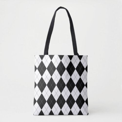 Black White Geometric Argyle Pattern Tote Bag