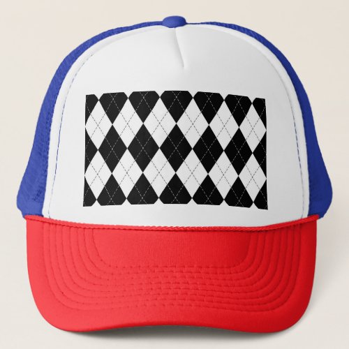 Black White Geometric Argyle Pattern Trucker Hat