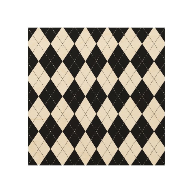 Black White Geometric Argyle Pattern Wood Wall Art (Front)