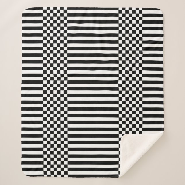 Black & White Geometric Checkers & Stripes Sherpa Blanket (Front)