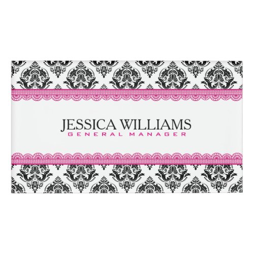 Black  White Geometric Damasks Pink Lace Accents Name Tag