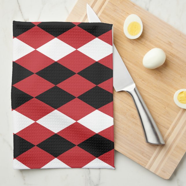 Black White Geometric Diamond On Red Background  Kitchen Towel (Quarter Fold)