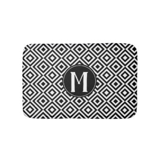 Black & White Geometric Diamond Pattern Monogram Bathroom Mat