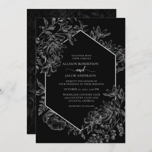 Black White Geometric Floral Wedding All In One Invitation (Front/Back)
