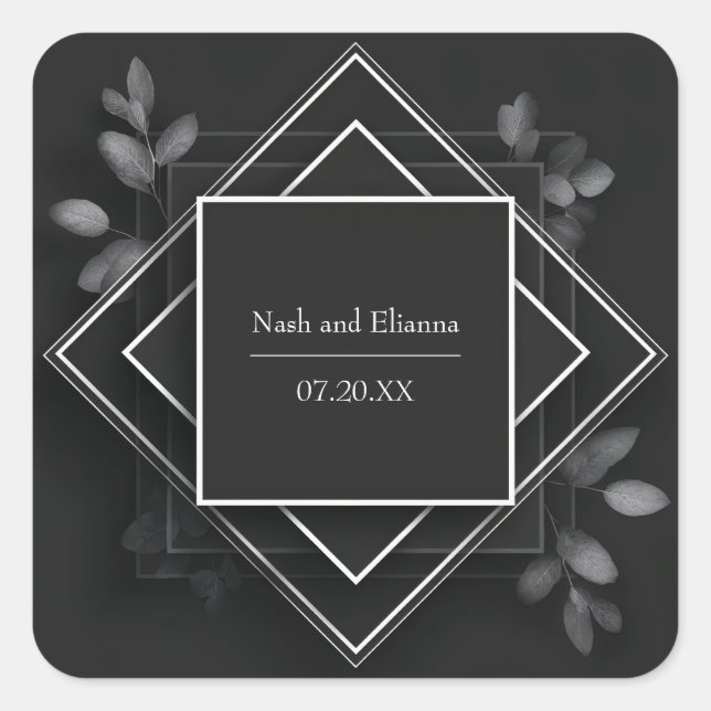 Black White Geometric Foliage Wedding Square Sticker (Front)
