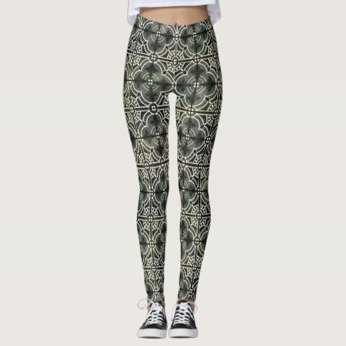 Black White Geometric French Vintage Fleur de Lis Leggings