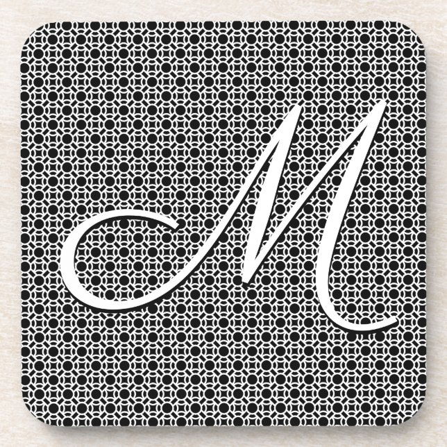 Black & White Geometric Initial Monogram Beverage Coaster (Front)