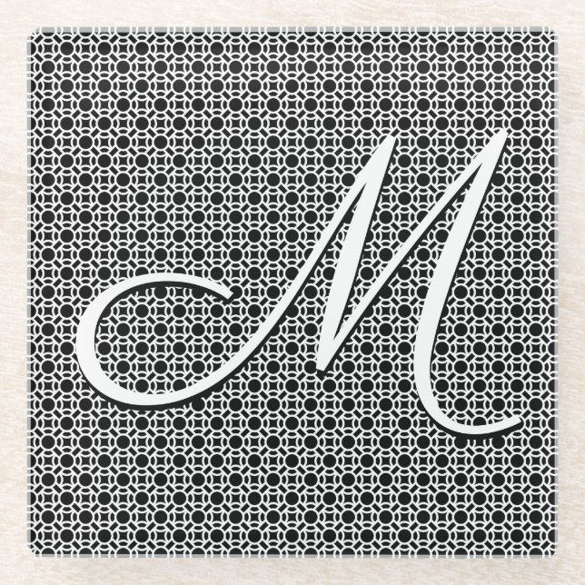Black & White Geometric Initial Monogram Glass Coaster (Front)