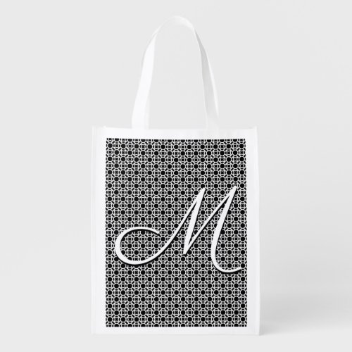 Black  White Geometric Initial Monogram Grocery Bag