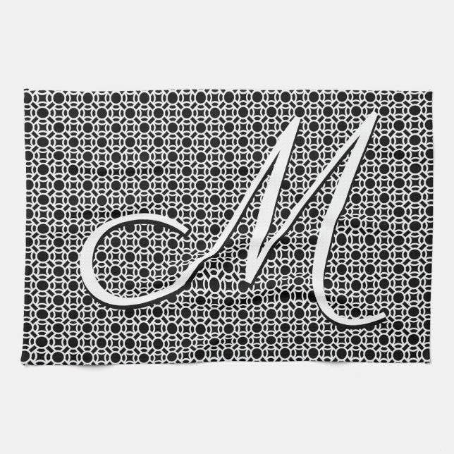 Black & White Geometric Initial Monogram Kitchen Towel (Horizontal)